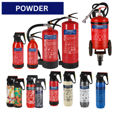 Various fire extinguishers, primarily in red with labels and different sizes.